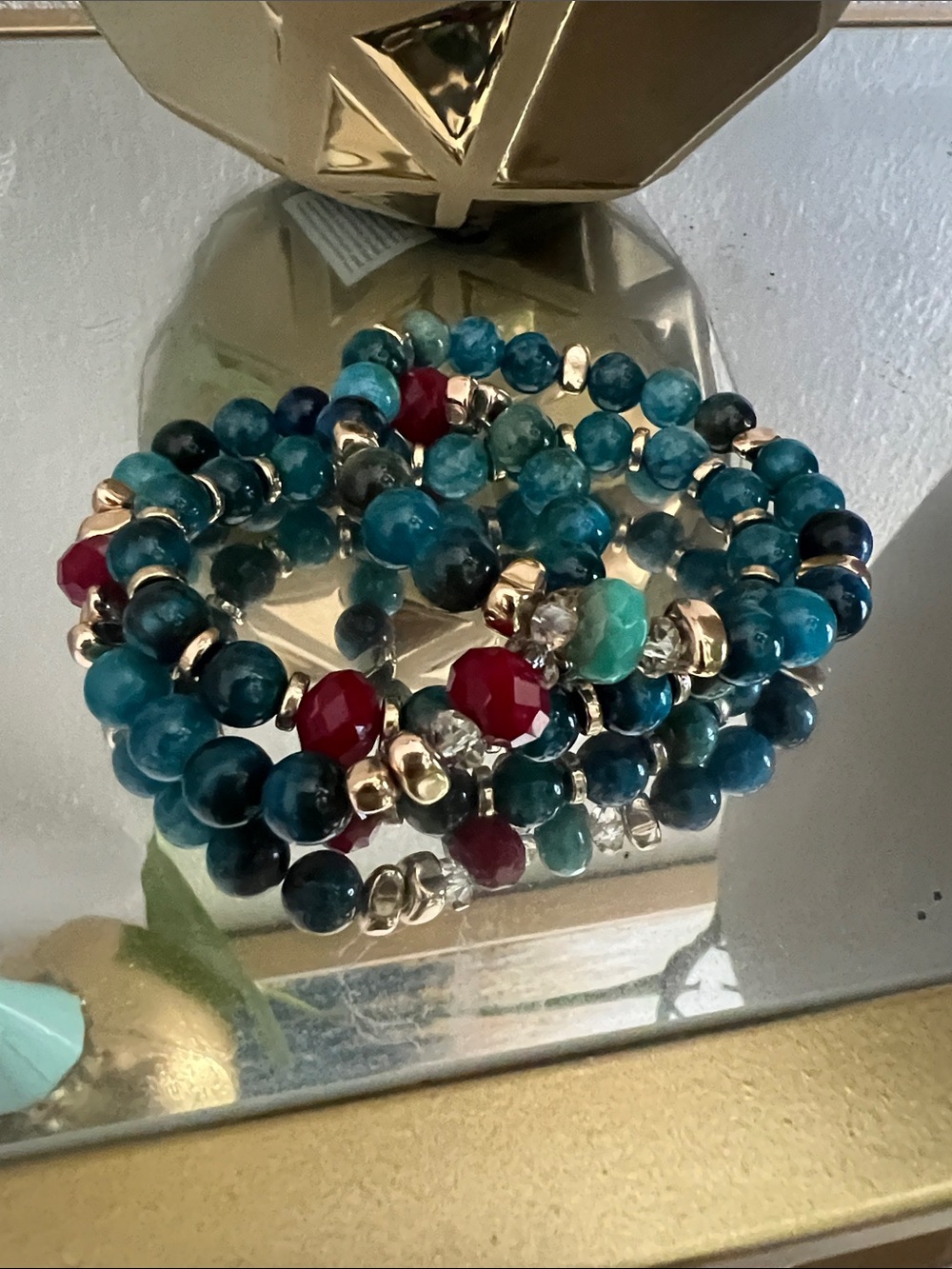 Turquoise and Red Beaded Stretch Bracelet Set with Gold Accents